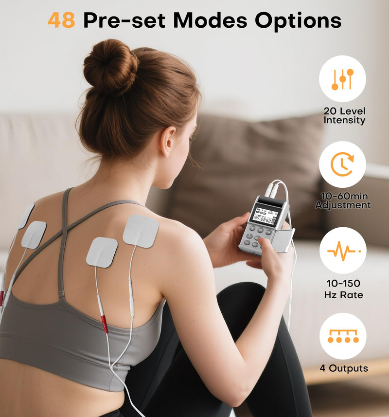 TENS EMS Muscle Stimulator Unit, FDA Cleared 48 Modes 4 Outputs with 16 Electrode Pads (2"x2") for Pain Relief in Shoulder, Neck, Back & Sciatica, Electronic Pulse Massager for Physical Therapy