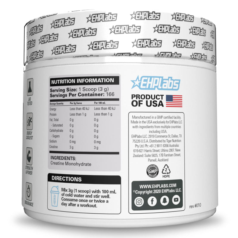 [Australia] - EHP Labs CREA-8 Micronized Creatine Monohydrate Powder - Unflavored Creatine Powder for Muscle Growth, Increased Strength, Enhanced Energy Output and Improved Performance - 100 Servings (500g) 