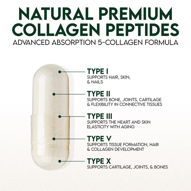 Multi Collagen Pills - Hydrolyzed Collagen Peptides Capsules for Women & Men - Types I, II, III, V, X Multi Collagen Complex - Hair, Skin & Nails Support Supplement - Bottled in the USA - 120 Capsules 120 Count (Pack of 1)