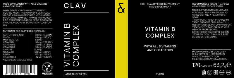 Vitamin B Complex Vegan | High Strength - All 8 B Vitamins + Co-Factors | 120 Capsules for 120 Days | VIT B1, B2, B3, B5, B6, B12, Biotin & Folic Acid + Myo-Inositol + Choline