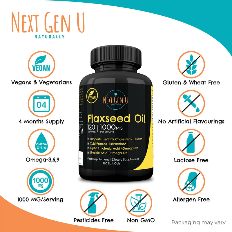 [Australia] - Next Gen U Flaxseed Oil w/Omega 3, 6, 9, Cold Pressed Dietary Health Food Supplement 1000 mg 120 Vegan Softgels 