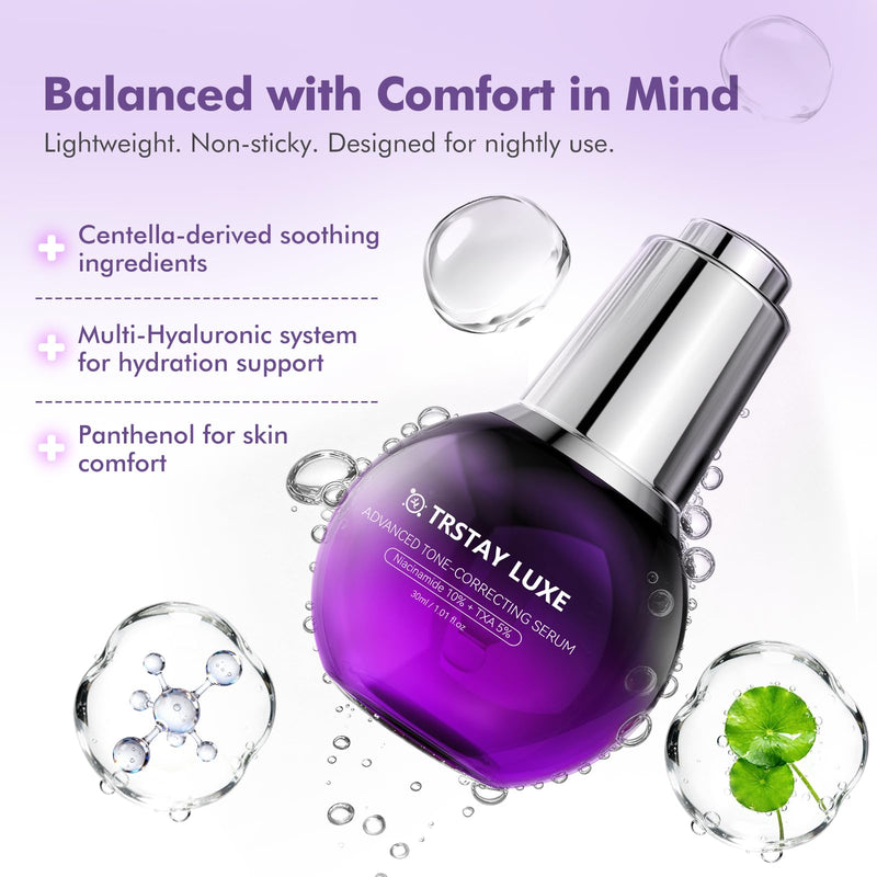Night Serum for Uneven Skin Tone, Dark Spots & Post-Blemish Marks, 10% Niacinamide, 5% Tranexamic Acid, 2% Alpha-Arbutin + Ethyl Vitamin C, Lightweight Radiance Serum, 1.01 fl oz