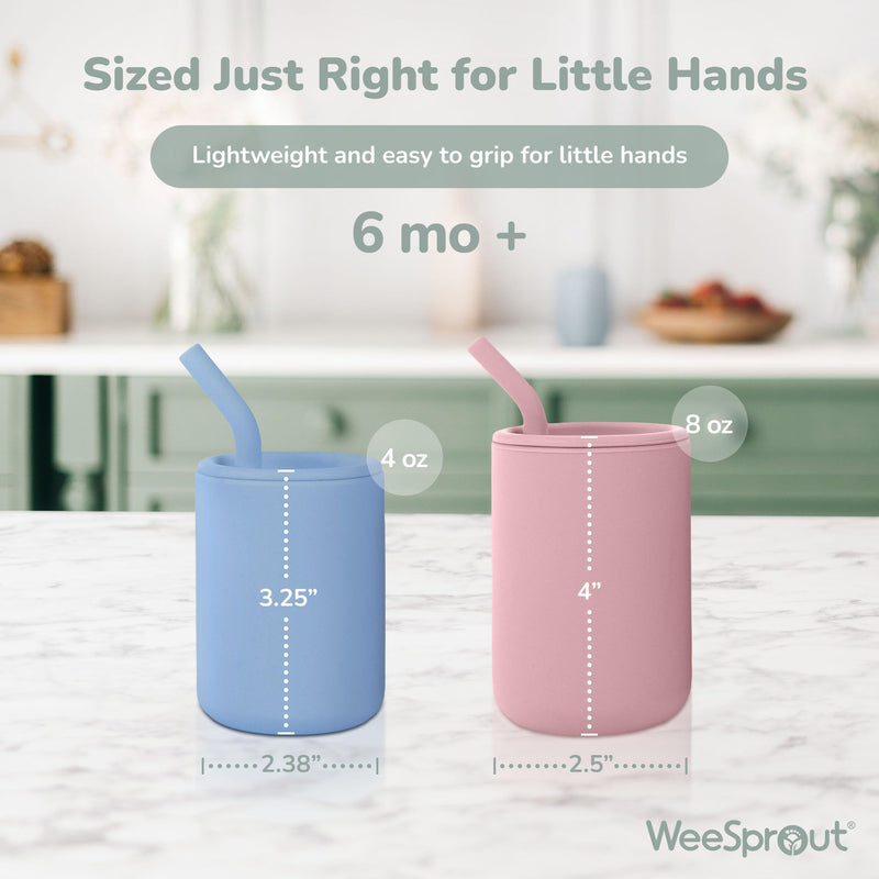 [Australia] - WeeSprout Silicone Baby Cups With Straws and Lids, 4 & 8 oz Options, Set of 2, Food Grade Toddler Training Container, Built In Straw Stoppers, Measurement Markings, Dishwasher Safe + Straw Cleaner 4 oz Matte Pink, Matte OW 