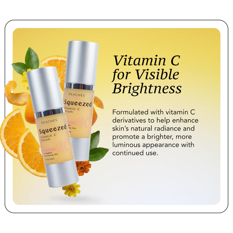 Peaches Skin Care Vitamin C Serum with Kakadu Plum and CoQ10, 1 fl oz | Lightweight hydrating serum with vitamin C, Kakadu plum, gold and CoQ10 for a smooth, radiant-looking complexion.