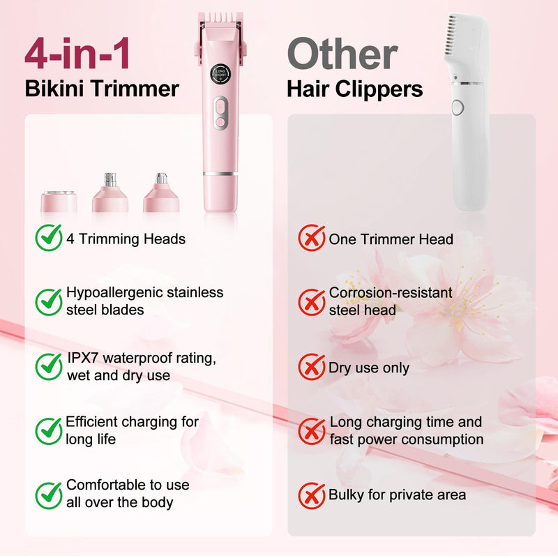 2025 New Bikini Trimmer for Women, 4 in 1 Dual Head Electric Razor, IPX7 Waterproof (Wet/Dry), Painless Hypoallergenic for Shower & Travel, USB Rechargeable for Pubic/Underarm/Leg, Pink