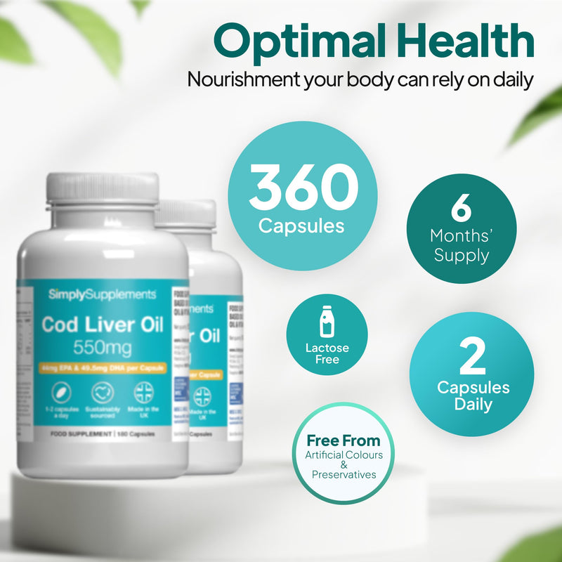 Pure Cod Liver Oil 550mg | Rich in Essential Fatty Acid, EPA, DHA & Omega 3 | Vitamin A & D | 360 Soft-Gel Capsules = Up to 1 Year Supply | UK Made | Made with MSC-Certified Sustainable Cod Liver Oil Unflavoured 180 count (Pack of 2)
