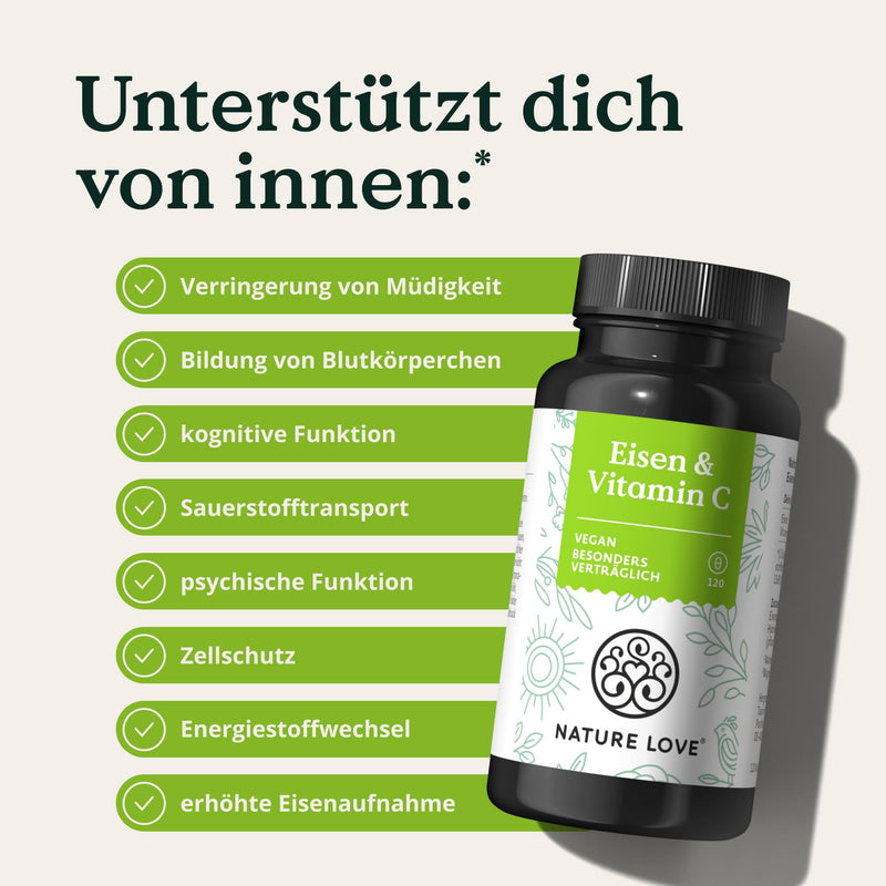 [Australia] - NATURE LOVE® iron with 43mg natural vitamin C - 20mg iron bisglycinate - 120 capsules - vegan, tasteless - produced in Germany 