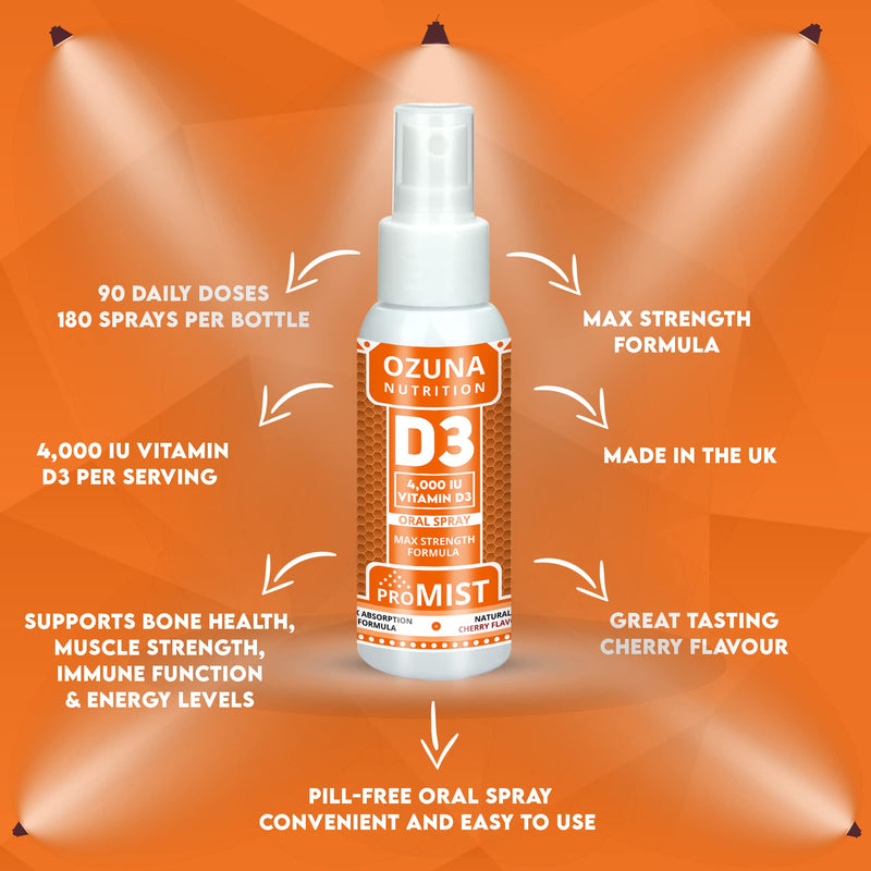 ProMIST Vitamin D3 Oral Spray – 4,000 IU High Strength | 100μg per Dose | Fast-Absorbing Formula for Bone, Teeth, and Immune Support | 90 Daily Doses | Cherry Flavour