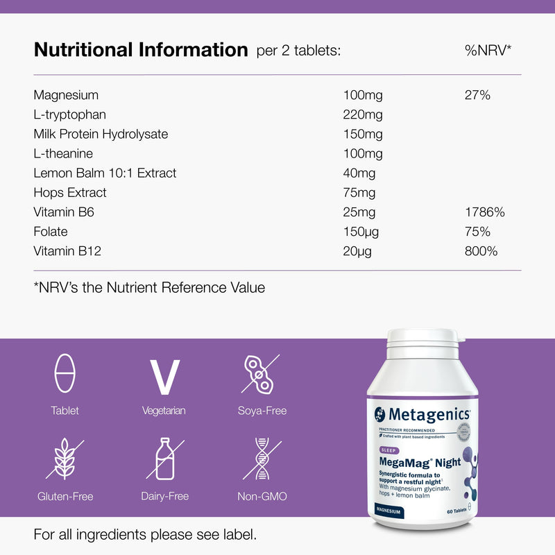 Metagenics - MegaMag Night – Magnesium Glycinate with Hops & Lemon Balm – for Evening Wellbeing – 60 Capsules