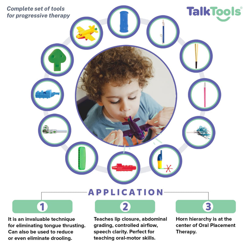 [Australia] - TalkTools Horn Kit | Oral Motor Placement Therapy | Improve Speech, Tongue Lip Placement | Reduce or Eliminate Drooling | Abdominal Grading | Controlled Oral Airflow, and Speech Clarity - 12 Tools 