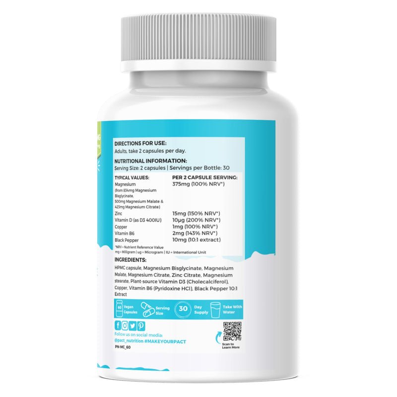 Magnesium Glycinate Capsules 8-in-1 Complex - Triple Magnesium (Bisglycinate, Citrate, Malate) Supplement with Zinc, Copper, Vitamin D3, Vitamin B6 and Black Pepper - 60 Vegan Capsules