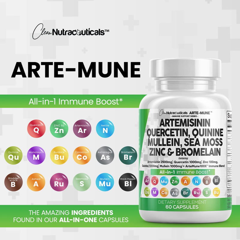 [Australia] - Clean Nutraceuticals Artemisinin 2500mg Quercetin 1000mg Zinc 100mg Mullein Quinine Supplement with Sea Moss Bromelain Ashwagandha Root Nettle Leaf Bladderwrack Burdock Root Monolaurin Colostrum Rutin 