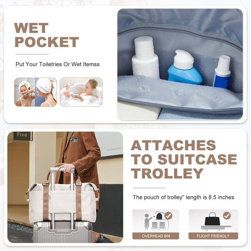 Travel Duffel Bag, Carry On Overnight Weekender Bags for Women | Travel Bag with Wet Pocket & Trolley Sleeve, For Spirit Airlines 18x14x8 Personal Item Bag A1-Beige & Brown Extra Large Travel Bag