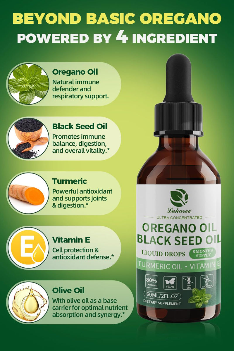 [Australia] - Oil of Oregano with Black Seed Oil, 4 in 1 Oregano Oil Drops with Turmeric Oil & Vitamin E, 80% Carvacrol, Immune, Respiratory, Digestive* ‚Äì Vegan, Sugar-Free, Non-GMO ‚Äì 8 Month Supply, 2 Fl Oz 2 Fl Oz (Pack of 1) 