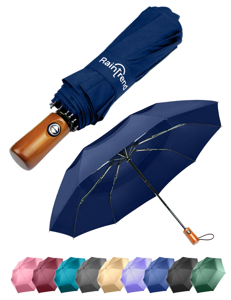 Raintrend 2 Pack Umbrellas for Rain Windproof Travel Navy Blue and Sky Blue Umbrella - Large Double Canopy but Compact Folding Portable - Automatic Strong Wind Resistant Construction