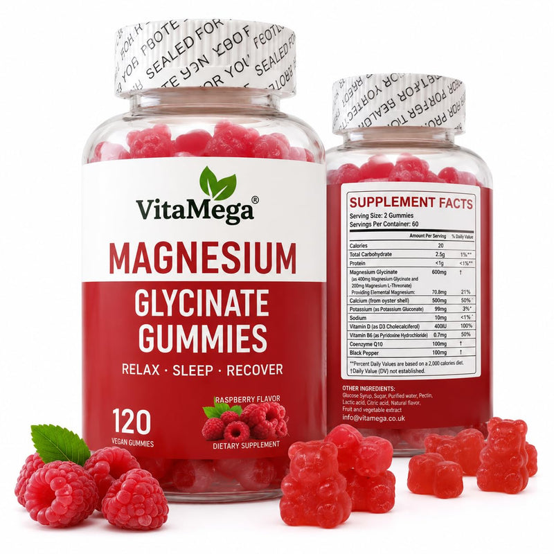 Magnesium Glycinate Gummies 120 Vegan Gummies | High Absorption Magnesium Supplement for Women & Men | Sleep, Relaxation & Muscle Support | Raspberry Flavour | Sugar Free Magnesium Gummies
