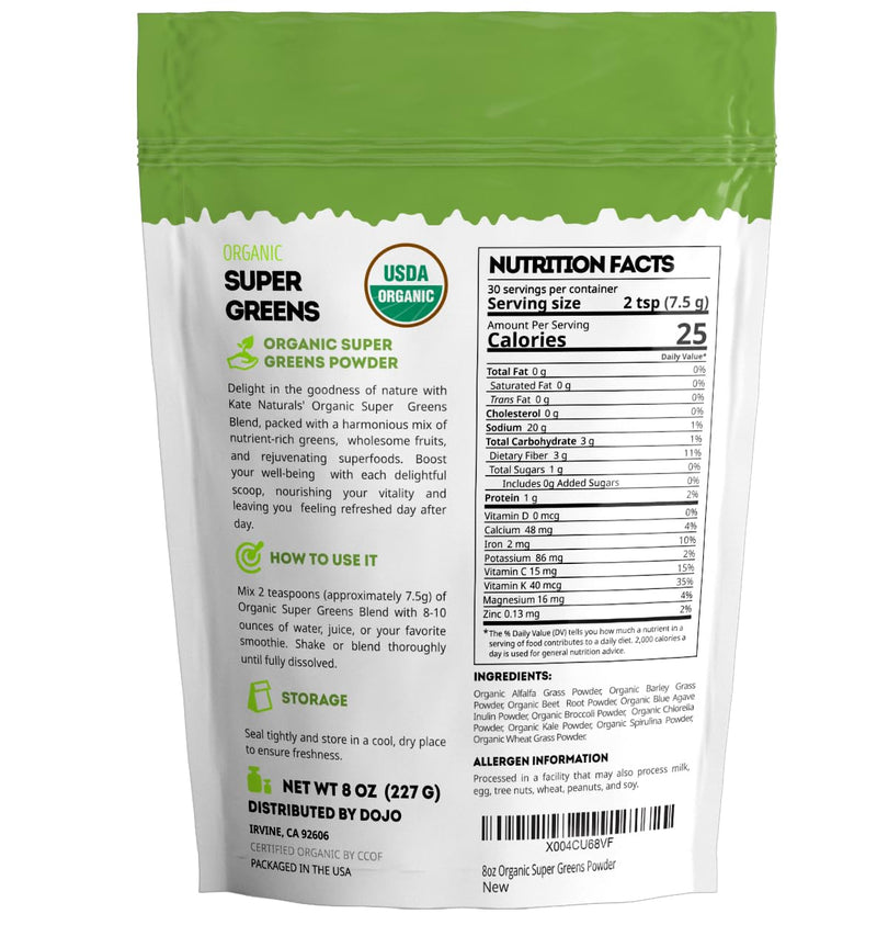 [Australia] - Kate Naturals Organic Super Greens Powder. Daily Greens Superfood Blend with Probiotics & Fiber for Smoothies and Juice (30 Servings, 8oz, Natural) 
