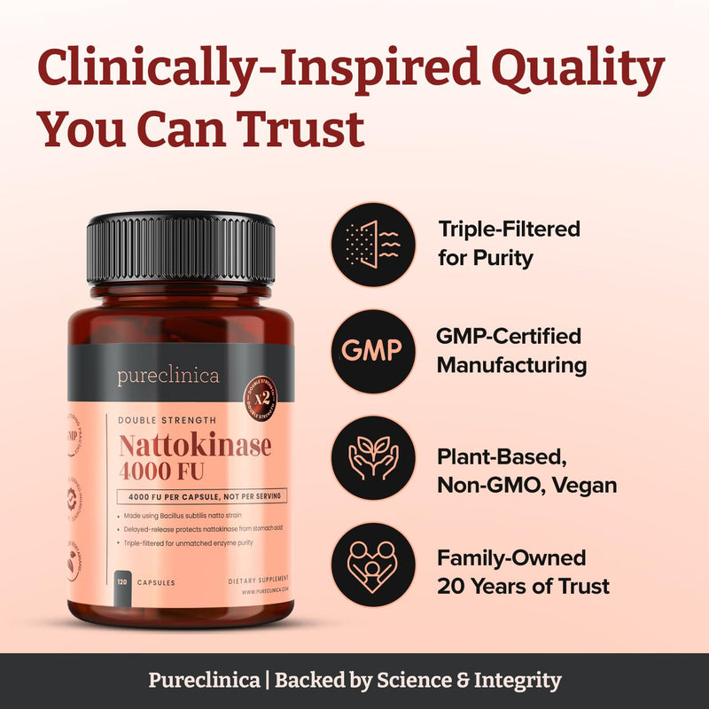 Nattokinase 4,000 FU per Capsule – 120 Vegan Capsules – High Potency, Delayed-Release – Non-GMO, Soy-Derived, No Fillers – 4 Month Supply 120 count (Pack of 1)