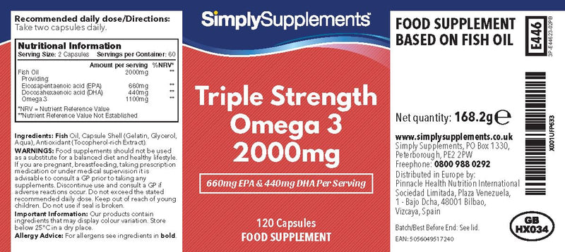 Triple Strength Omega 3 2,000mg | Supports Heart, Brain & Eye Health | Rich in Omega 3 Fatty Acids | 660mg of EPA and 440mg of DHA per Serving | 120 Capsules = 2 Months’ Supply | Made in UK