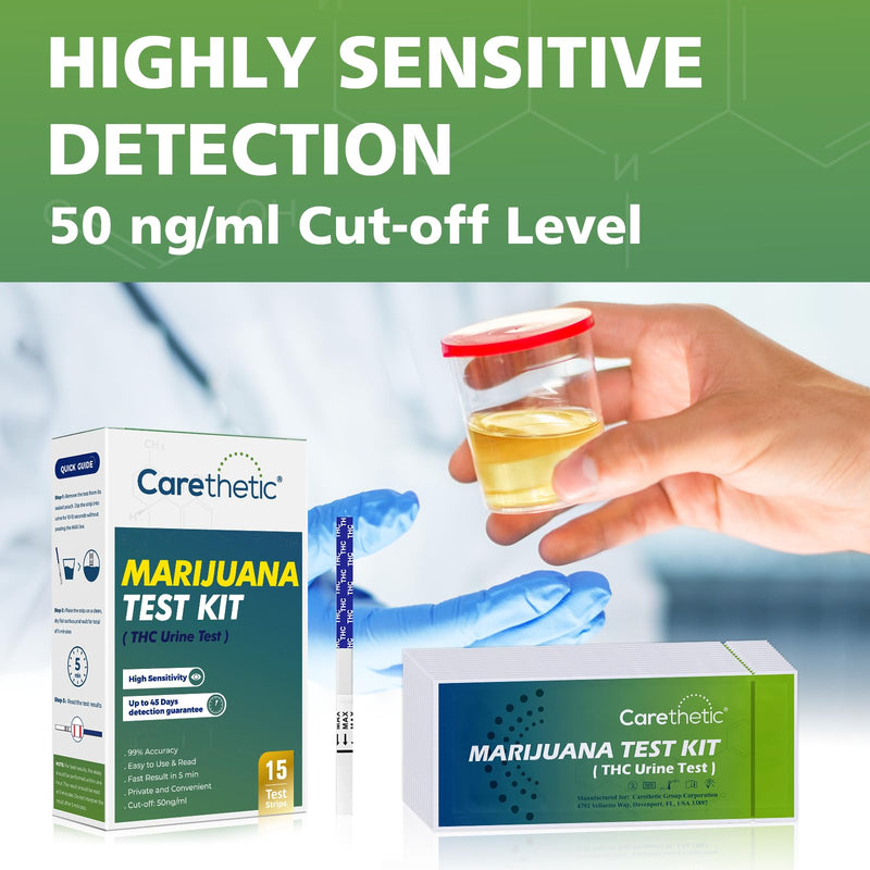 Carethetic THC Test Kit, 15 Pack Marijuana Urine Test Strips for Cannabis THC Metabolite Screening, Home Drug Test Strips with 5-Minute Results