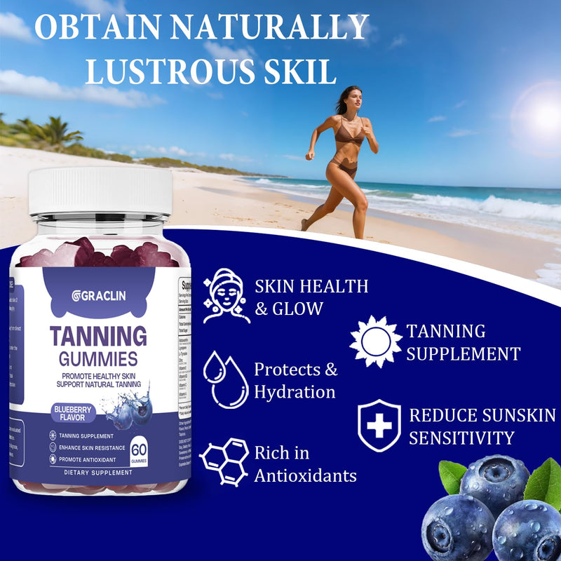 [Australia] - Tanning Gummies - Self Tan Supplement That Work Fast Without Sun - Daily Oral Chews with Beta Carotene Astaxanthin Lycopene & Vitamins for Skin Health Glow Up Sunless Tan - Vegan Sugar Free Blueberries 