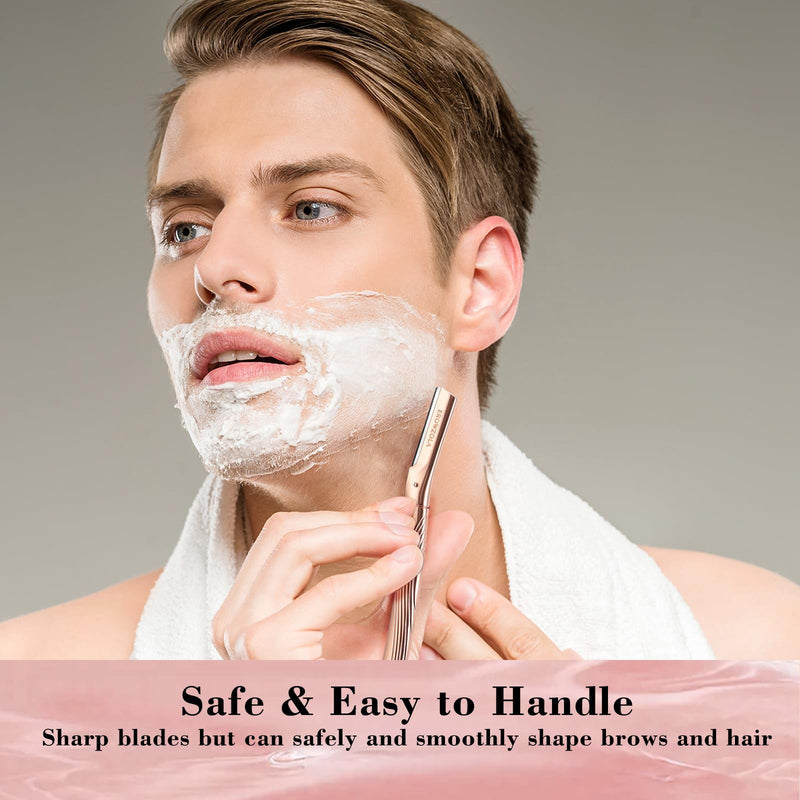 [Australia] - Eyebrow Razor, Face Razors for Women and Men, Reusable Metal Handle with 6 Refill Blades, Eyebrow Trimmer with Precision Cover, Dermaplane Razor, Skin Care Tool - Rose Gold 