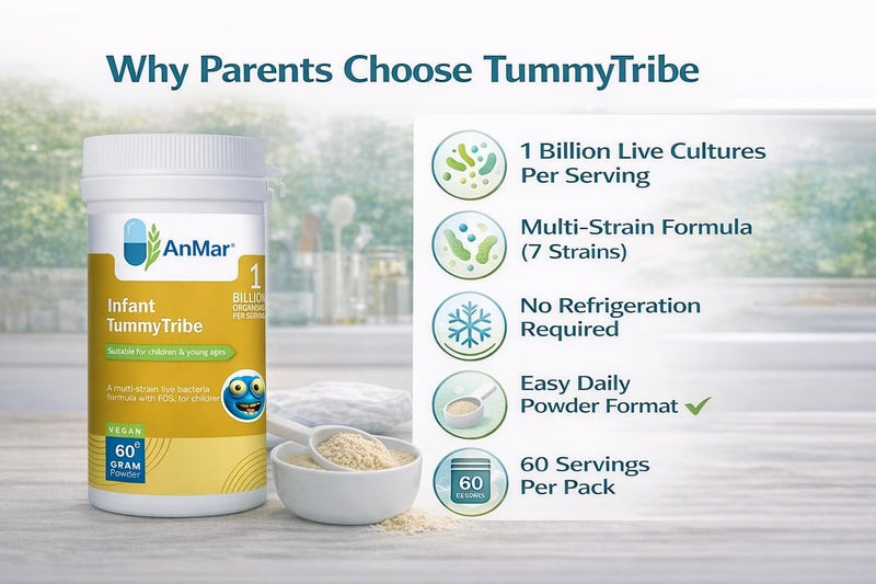 AnMar® Infant TummyTribe Probiotic Powder – Multi-Strain Live Bacteria with FOS – 1 Billion Organisms per Serving – Vegan Children's Probiotic – 60g Powder