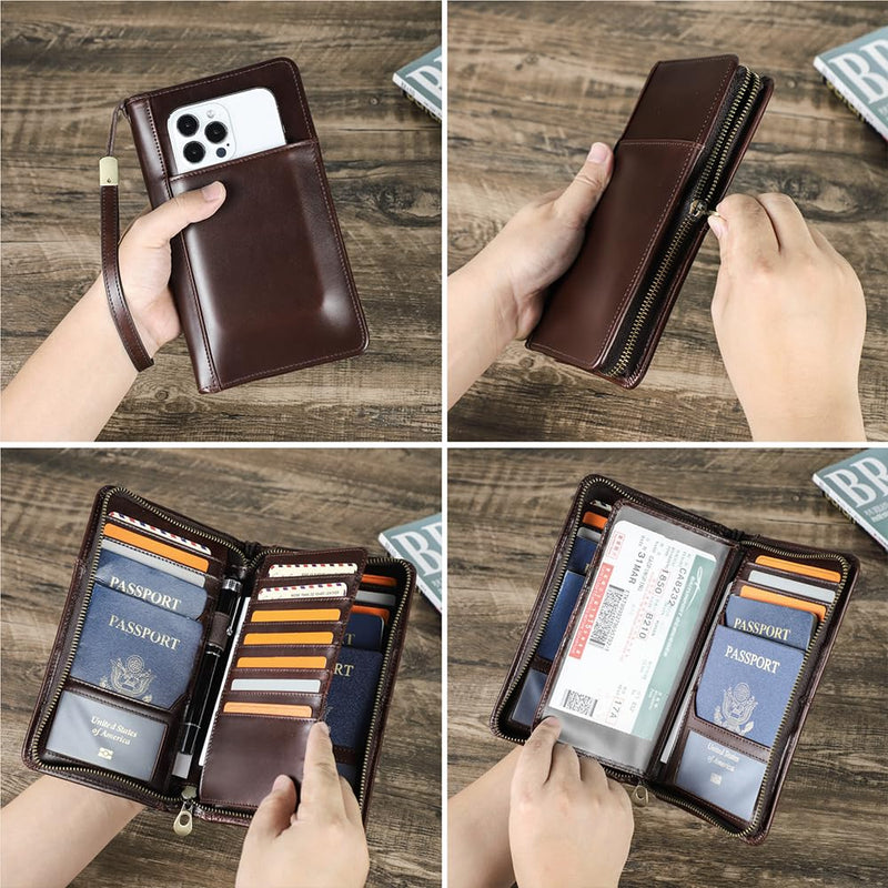 CONTACTS Travel Passport Wallet for 4 Leather Family Passport Holder Clutch Wallet Zipper Wrist Card Purse RFID Blocking with 13 Card Slot Fit up 4 Passports Glossy Coffee