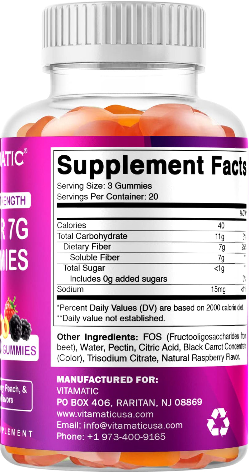 [Australia] - Vitamatic Prebiotic Fiber Gummies for Adults - 7G Fiber Extra Strength - Zero Sugar Added - 60 Pectin Based Gummies - Digestive Health & Regularity Support 60 Count (Pack of 1) 