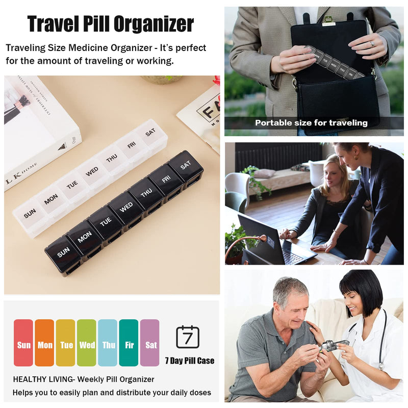 [Australia] - 2 Pack Weekly Pill Organizer, Large 7 Day Pill Case, Daily Vitamin Case Medicine Box, AM/PM Pill Containers for Medicine Supplements Fish Oil（White & Black） White & Black 