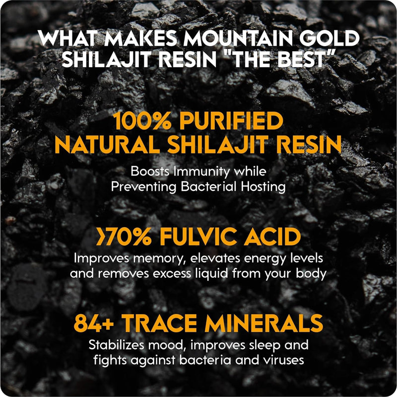 Mountain Gold Shilajit, Natural Himalayan Shilajit - 100% Pure, Rich in Fulvic Acid 77%, 84+ Trace Minerals, Lab Tested, 600mg Max Potency, Vegan 30 Grams