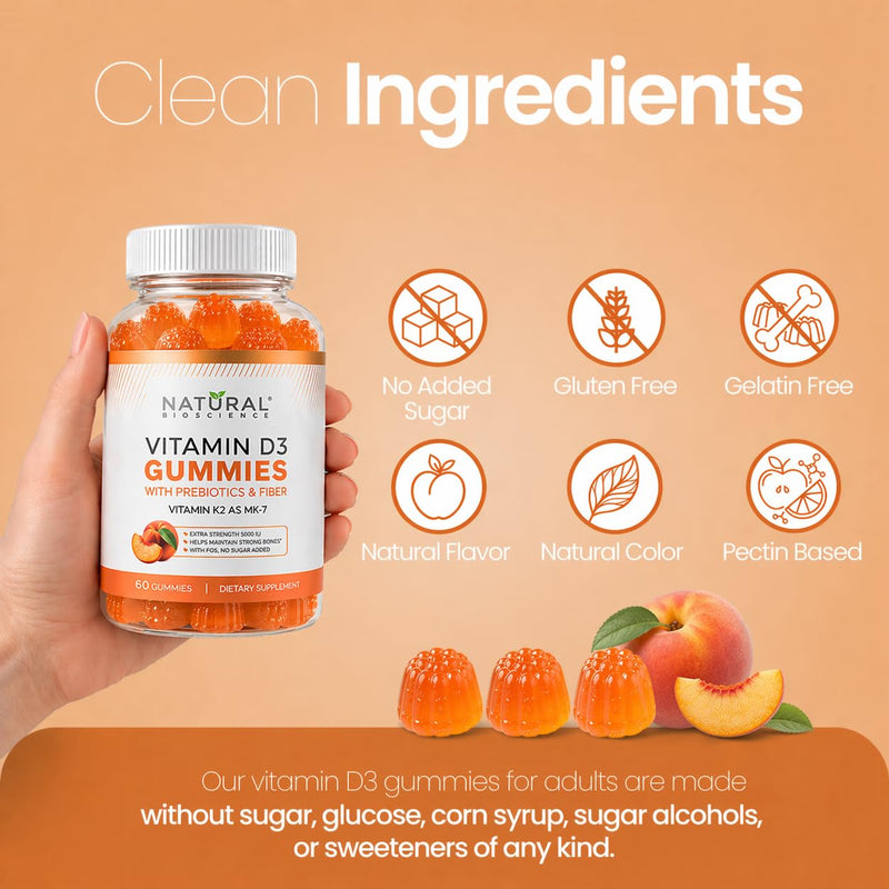 Sugar Free Vitamin D3 K2 Gummies - Vitamin D3 Gummies 5000 IU+K2 MK7 80 mcg, K2 D3 Vitamin Supplement Adults, Vitamin D K2 for Bones, Immune, Heart, Mood, Gluten-Free, Non-GMO, Natural Peach Flavor 1 Count (Pack of 180)
