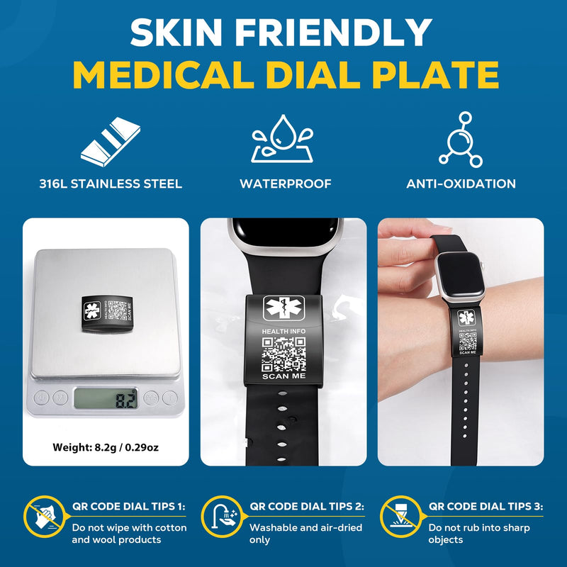 [Australia] - Upgraded Medical Bracelets Men Women with QR Code Medical Alert ID Bracelets - Titanium Steel Wristband Fits Wrists Up 8''-10'' - More Space Custom Emergency Med ID Info Smart watch - Medical Alert Tag Without Band - Black 