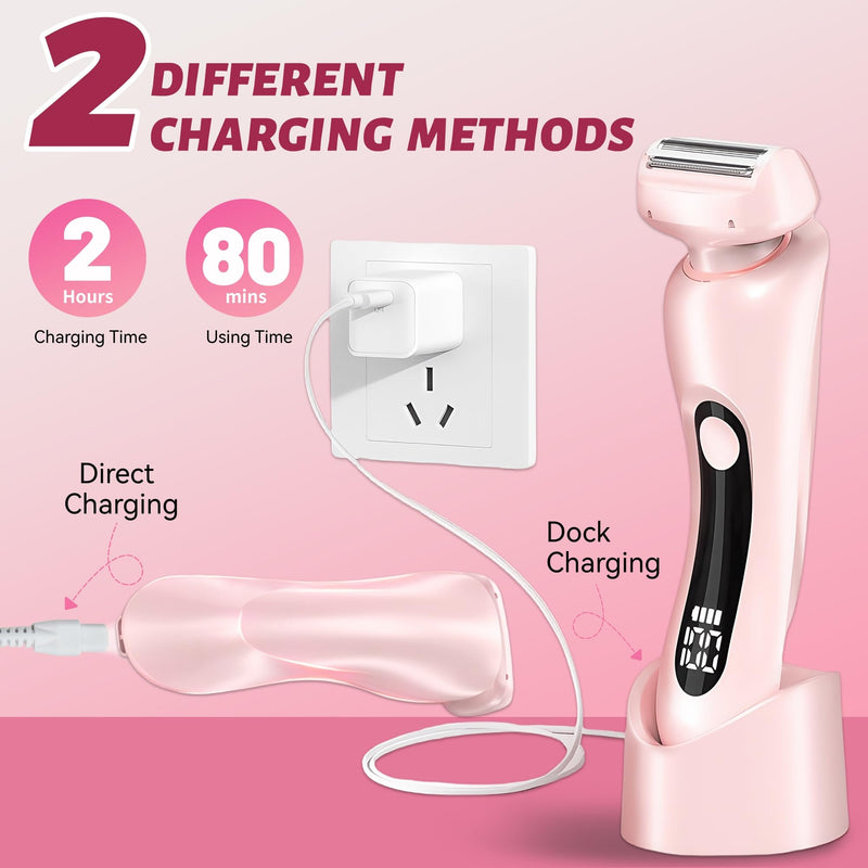 [Australia] - 2 in 1 Electric Shaver for Women Wet Dry Dual Use IPX7 Waterproof with LED Display USB Recharge Dock Dry Use Body Hair Trimmer and Facial Hair Remover for Bikini Underarm Leg Arm Face (Pink) Pink 