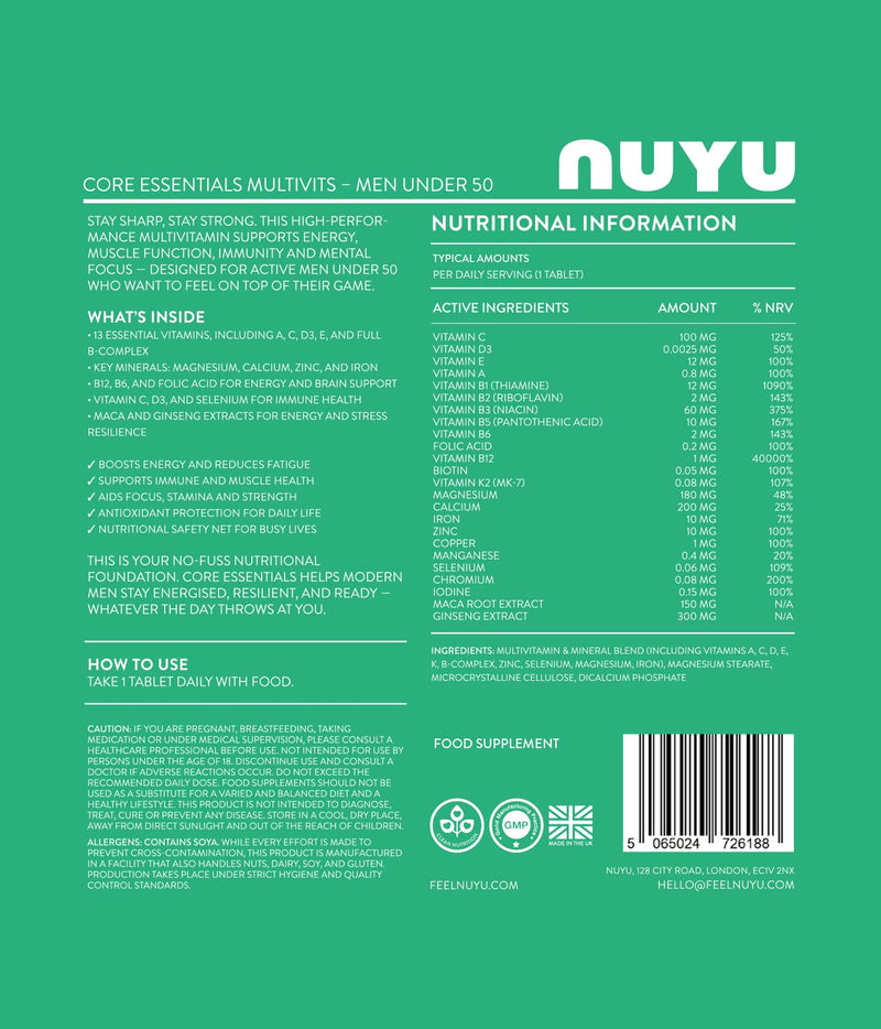 NUYU Core Essentials MultiVits Tablets for Men Under 50 - High Strength Daily Vitamins & Minerals with Maca & Ginseng - Energy, Immunity & Vitality Support. One-a-Day, 2 Month Supply. Made in The UK.