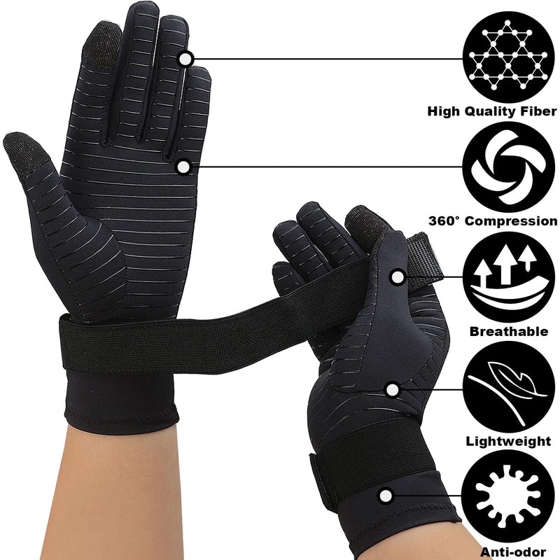 2 Pairs Full Finger Copper Arthritis Compression Gloves for Women Men with Wrist Strap, Compression Gloves for Carpal Tunnel, Hand Pain Relief, Swelling, Typing with Touchscreen Tips (Large/X-Large) Large / X-Large (2 Pairs) Black