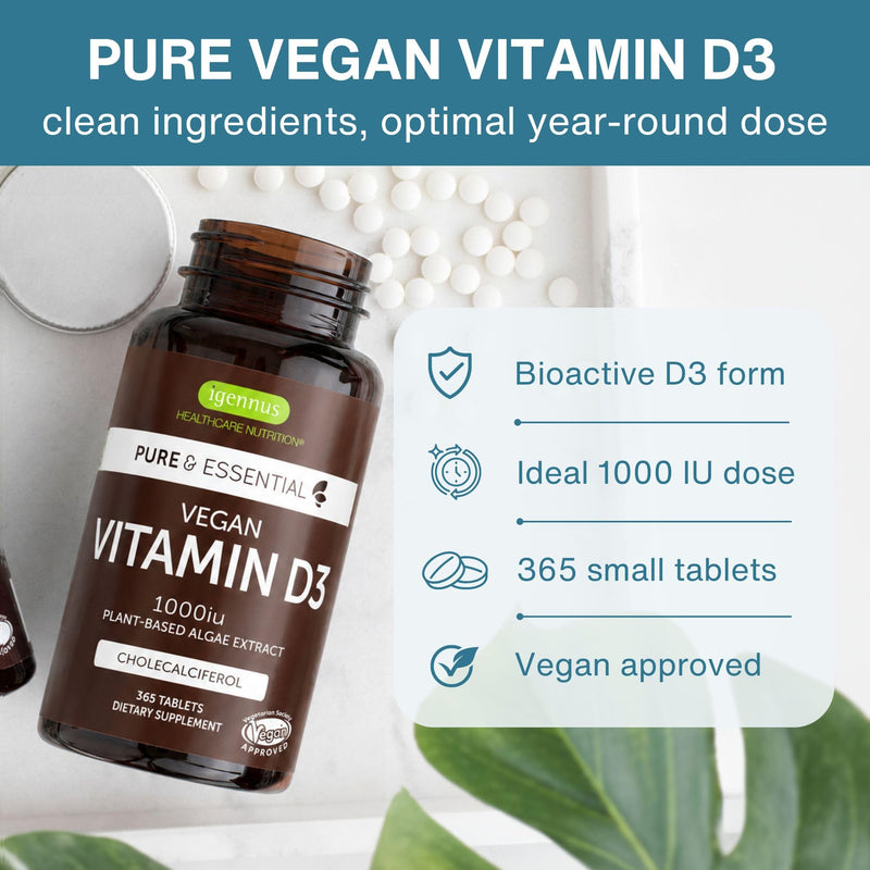 Igennus Natural Vegan Vitamin D3 1000IU, Clean Label, 365 Tablets | Plant-Based Algae Cholecalciferol, Immune, Bones & Teeth, Non-GMO, 1-Year Supply