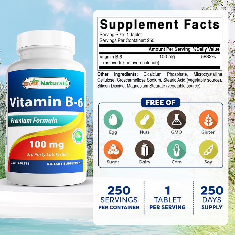 Vitamin B-6 100 mg 250 Tablets by Best Naturals -- Supports Casrdiovascular Health -- Manufactured in a USA Based GMP Certified Facility and Third Party Tested for Purity. Guaranteed!! (250 Tablets, 100 mg) (250 Count (Pack of 1)) 250 count (Pack of 1)