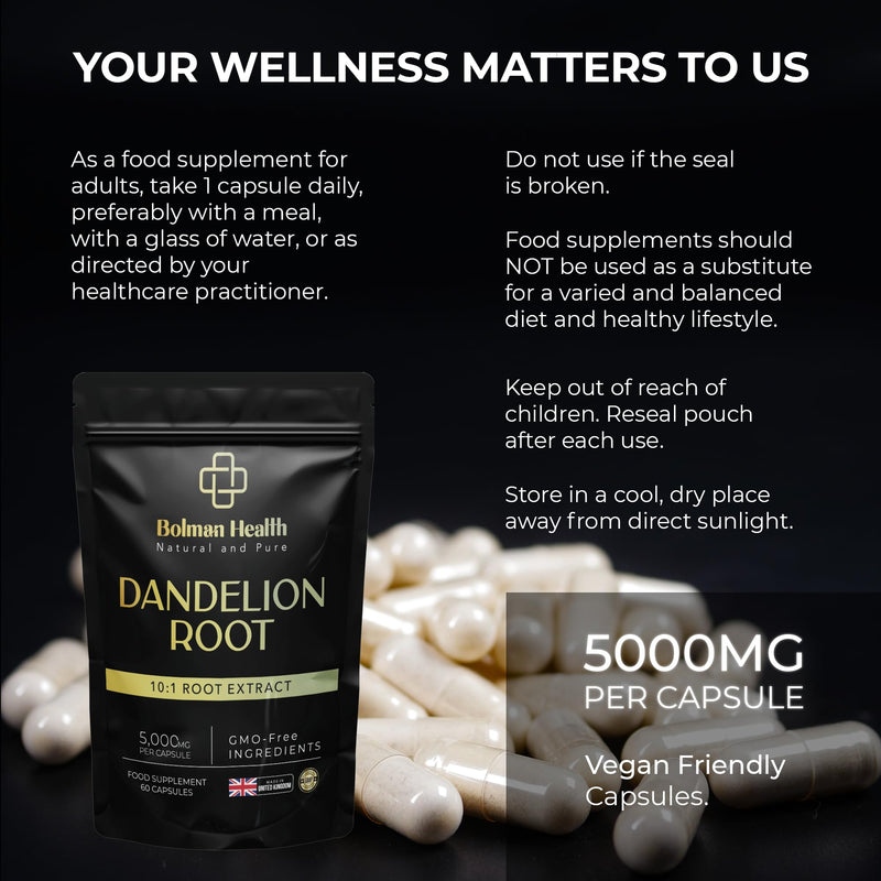 Dandelion Root Capsules | 500mg 10:1 Extract (Equivalent to 5000mg Root) | Taraxacum officinale | Supports Digestion & Liver Function | 60 Vegan Capsules | Non-GMO | Gluten-Free