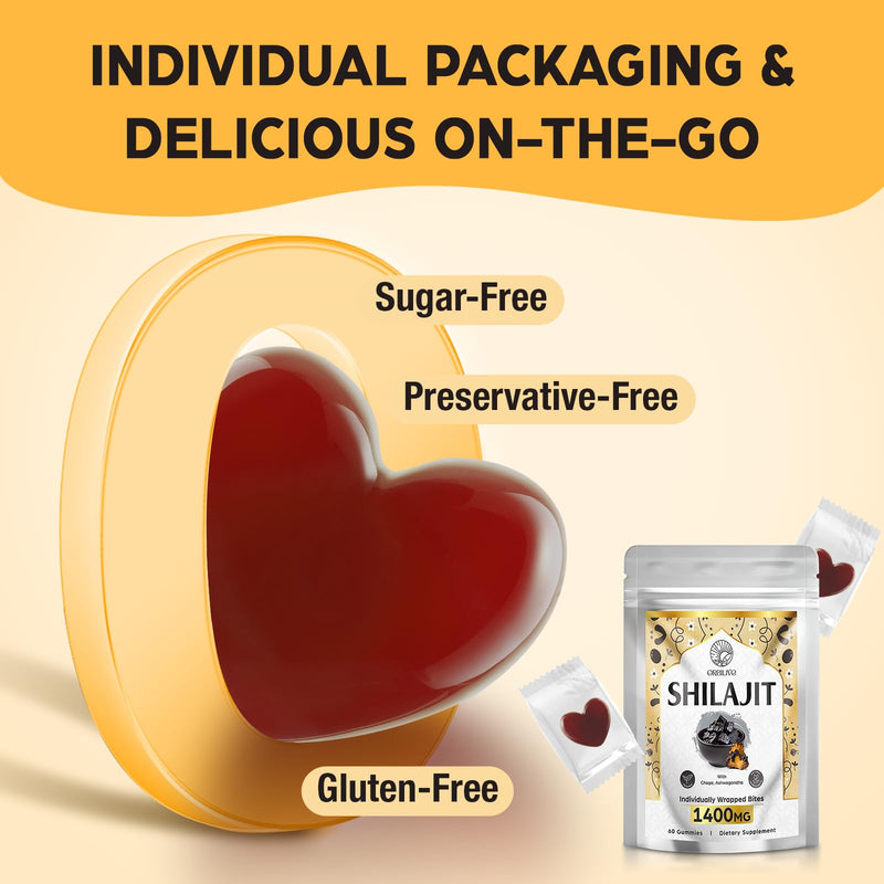 [Australia] - 1400 MG Shilajit Gummies, Shilajit Pure Himalayan Organic Gummies with Ashwagandha, Himalayan shilajit for Men, 85+ Trace Minerals & Fulvic Acid, Individually Wrapped, Sugar-Free, 60 Counts 60 Count (Pack of 1) 