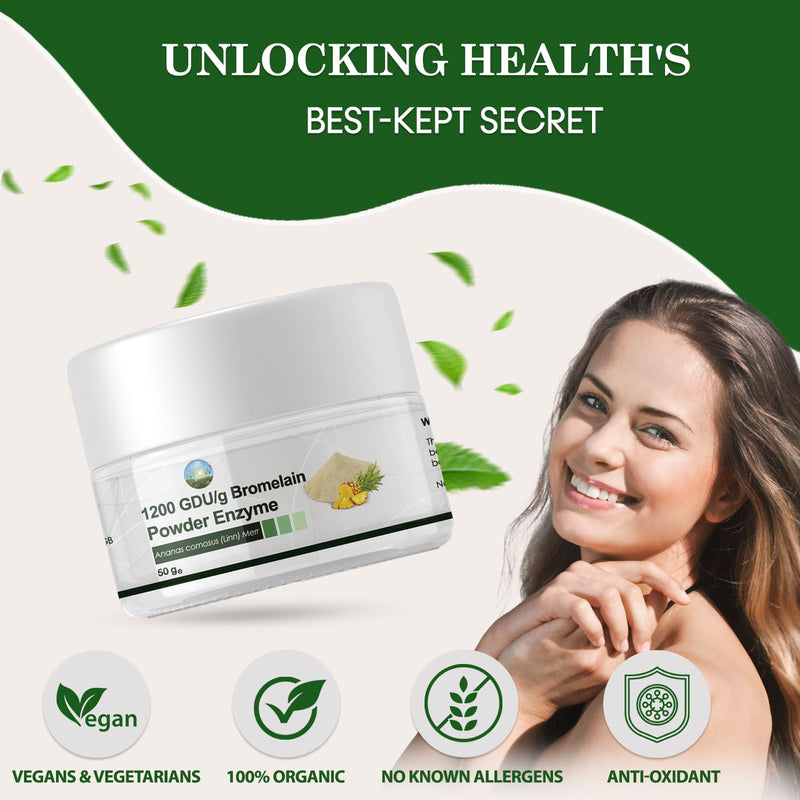 Bromelain Powder Enzyme - Digestive Enzyme Powder, Enhanced Super Digestive Enzymes, Bromalein Enzymes - Vegan, Gluten Free - 50g Bromelain