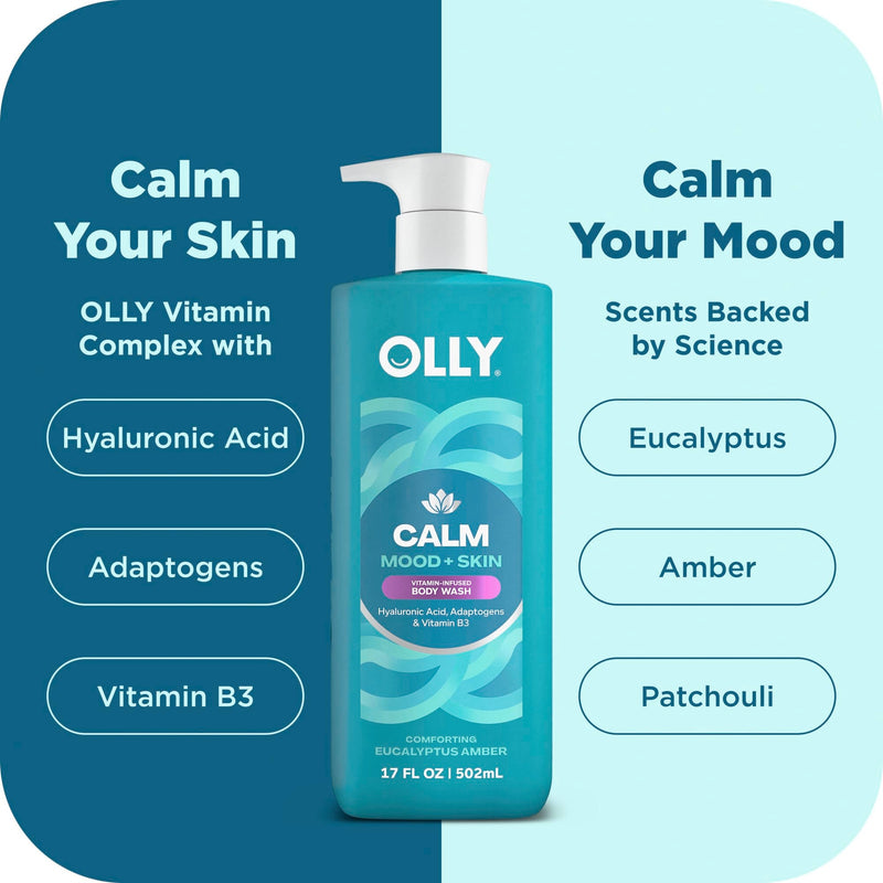 OLLY Calm Body Wash Eucalyptus Amber 17oz with Hyaluronic Acid | Nourishing Cleanser for Skin Barrier Repair, Deep Hydration, Eucalyptus Amber Scent,