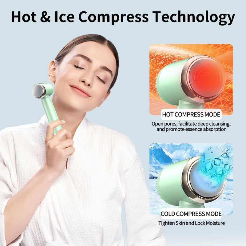 Electric Facial Cleansing Brush,8-in-1 Face Cleansing Brush with Hot & Cold Compress, 6 Brush Heads, 3 Spin Speeds, Waterproof face Scrubber for Exfoliating, Deep Cleansing,Massaging (Green) Green