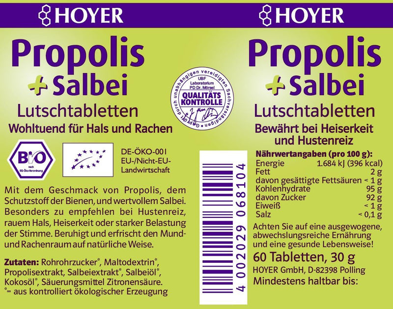 [Australia] - Hoyer Propolis & Sage Lozenges Organic - Soothing for Coughs & Hoarseness - With Propolis Extract & Sage Extract - 60 pieces (1 x 30 g) 60 pieces (pack of 1) 