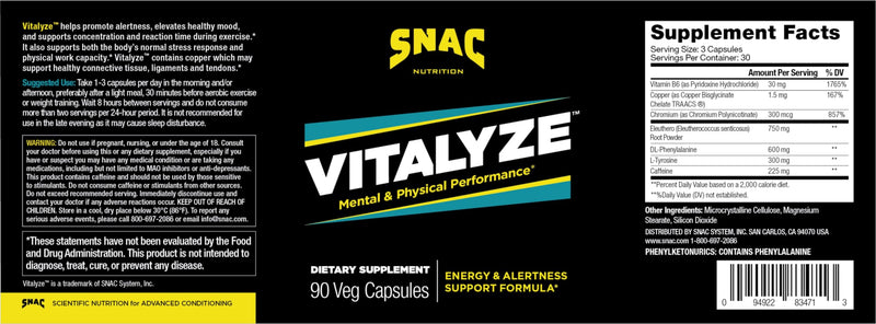 SNAC Vitalyze Mental Alertness & Physical Performance with Vitamin B6, 90ct