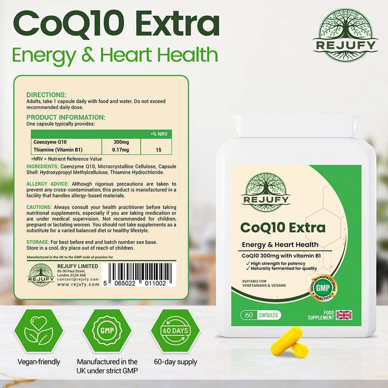 CoQ10 Extra, CoQ10 Supplement 300mg & Vitamin B1, 60 Capsule, Energy Heart Health | Co Q10 Supplements Co Q 10 Supplement Co Enzyme CQ10 High Strength CQ10 Supplement Q10 Coenzyme Q10 High Strength