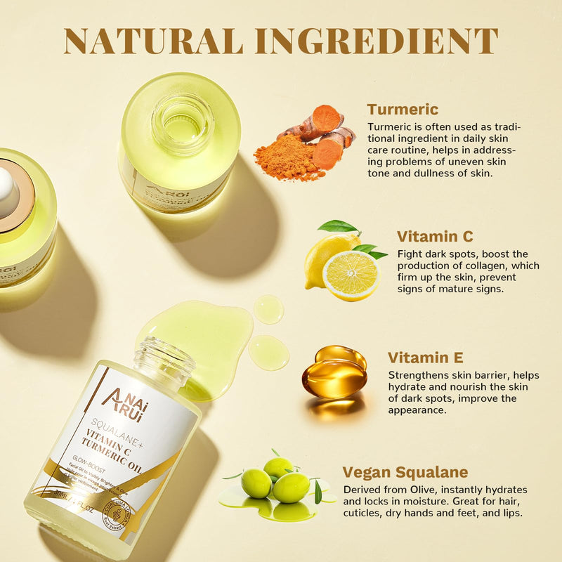 ANAI RUI Squalane Vitamin C Turmeric Facial Oil 1.05 fl.Oz. | Face Oil Moisturizer for Face, Hydrates, Firms Skin Yellow