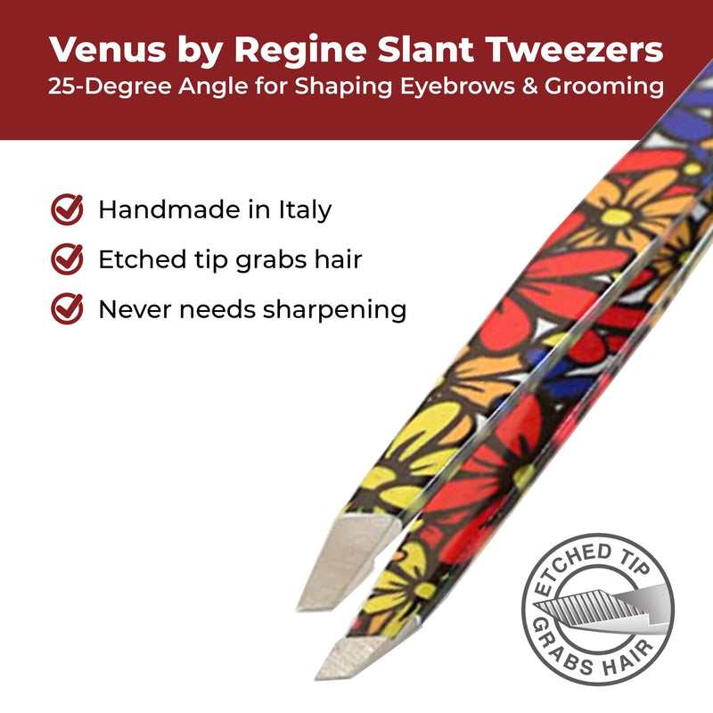 Venus by Regine Slant Tweezers - Handmade Precision Tool for Women & Men, 25-Degree Angle for Shaping Eyebrows & Grooming Facial Contours, Suitable for Eyebrow & Facial Hair Removal (Large Flowers) Large Flower