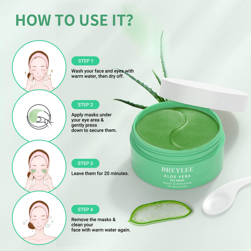 [Australia] - BREYLEE Aloe Vera Eye Mask– 60 Pcs - Puffy Eyes and Dark Circles Treatments – Look Younger and Reduce Wrinkles and Fine Lines Undereye, Improve and Firm eye Skin - Pure Natural Material Extraction Green 