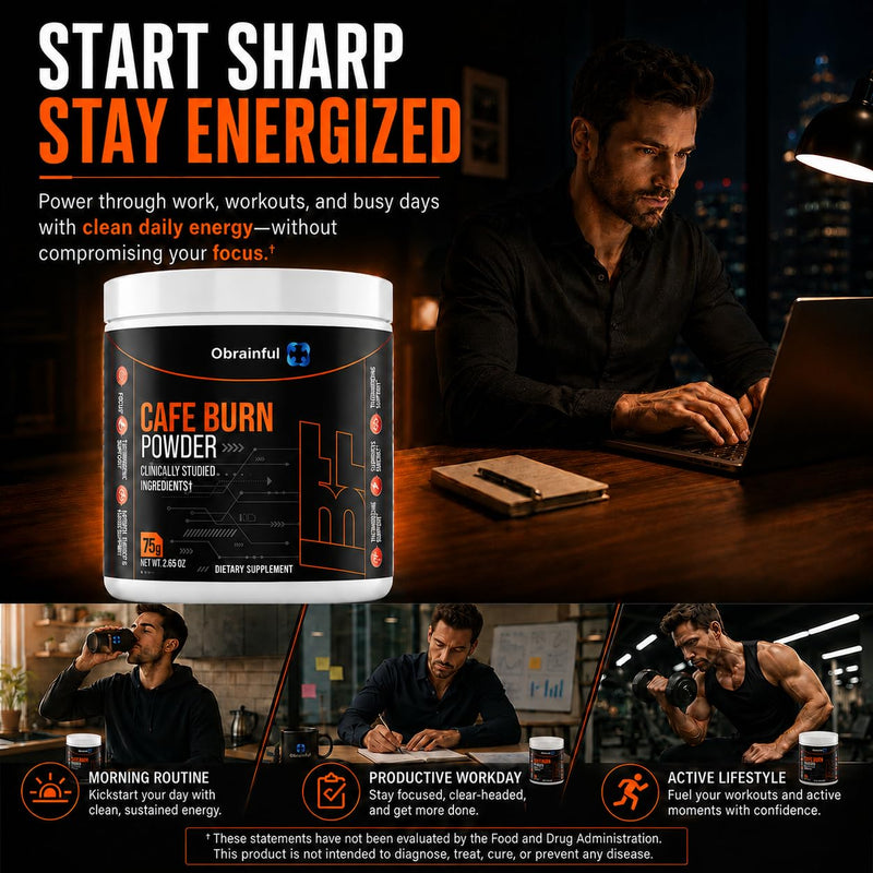 Cafe Burn Powder Dietary Supplement 75g | Thermogenic Energy & Focus Drink Mix | Green Tea, Green Coffee Bean & L-Carnitine | Metabolism Support Powder | 30 Servings